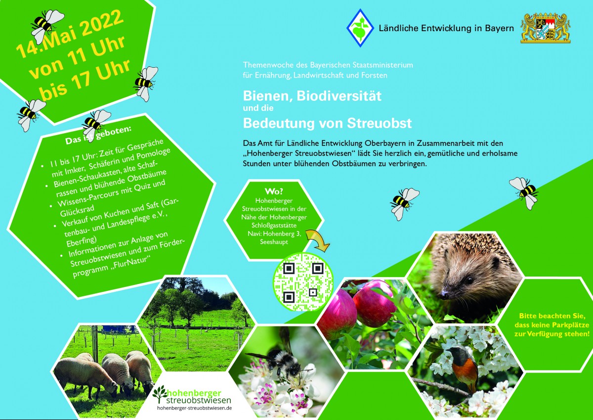 Plakat mit der Einladung zum Thementag Streuobst mit mehreren Fotos und den Eckdaten 14.5.22 von 11 Uhr bis 17 Uhr
