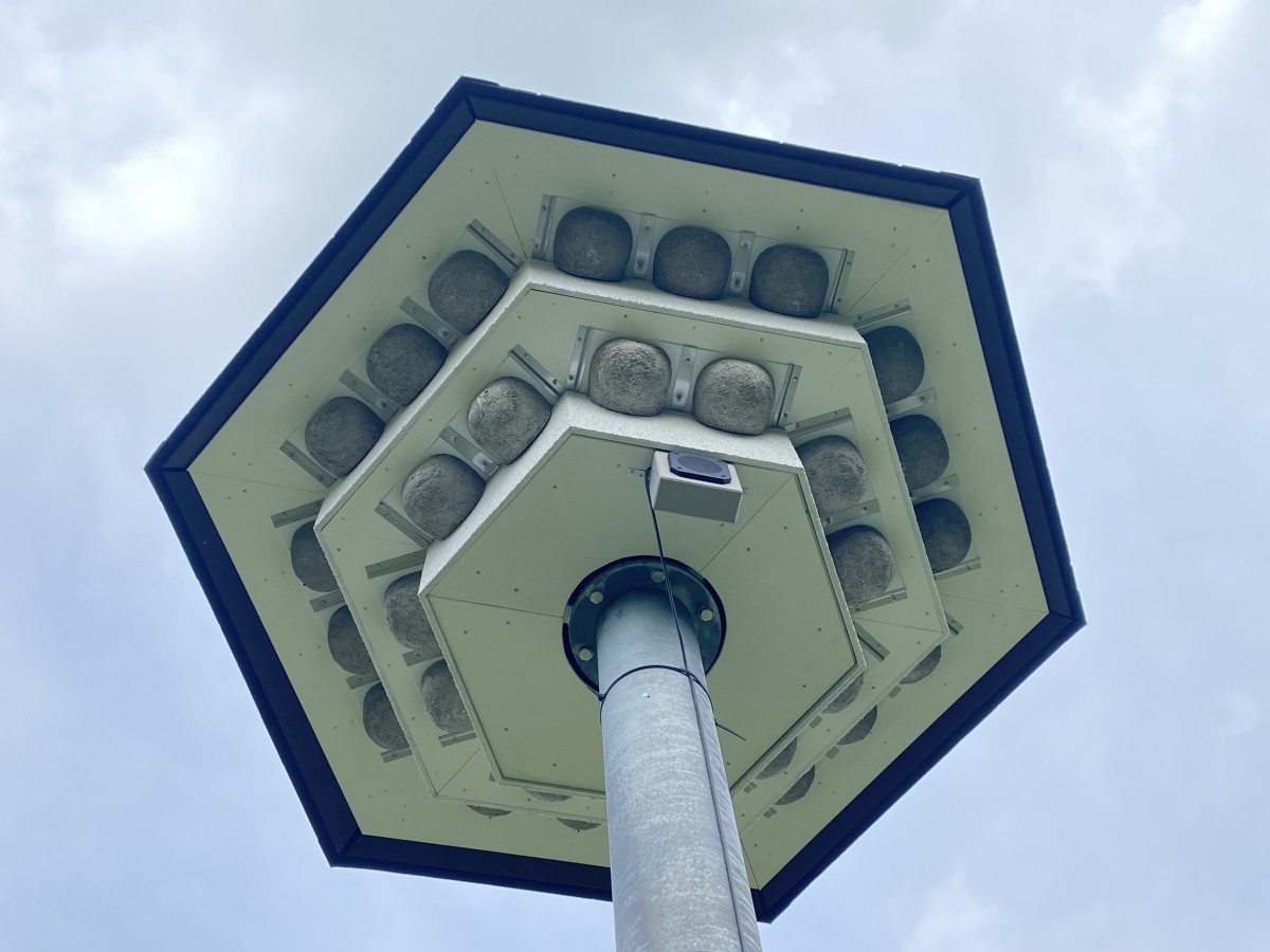 Ein sogenanntes Schwalbenhotel von unten fotografiert