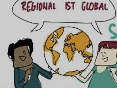 Zwei Strichfiguren – Mann und Frau – balancieren eine Weltkugel aus und stellen gemeinsam fest: „Regional ist global.“