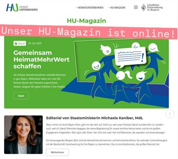 Startseite der Website des HU-Magazins mit einem Grußwort der Staatsministerin Michaela Kaniber
