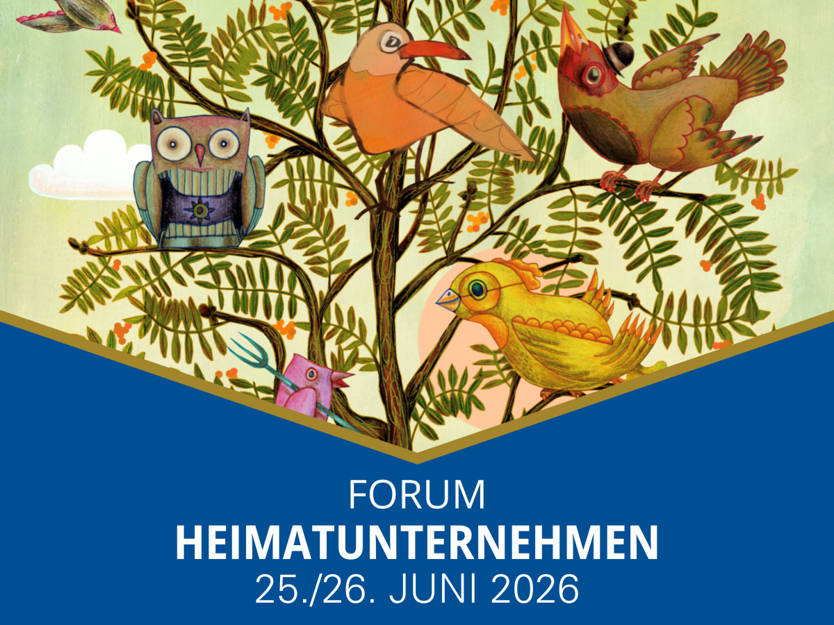 Teaserbild für das Forum HeimatUnternehmen mit einer Illustration von verschiedenen bunten Vögeln auf einem Baum
