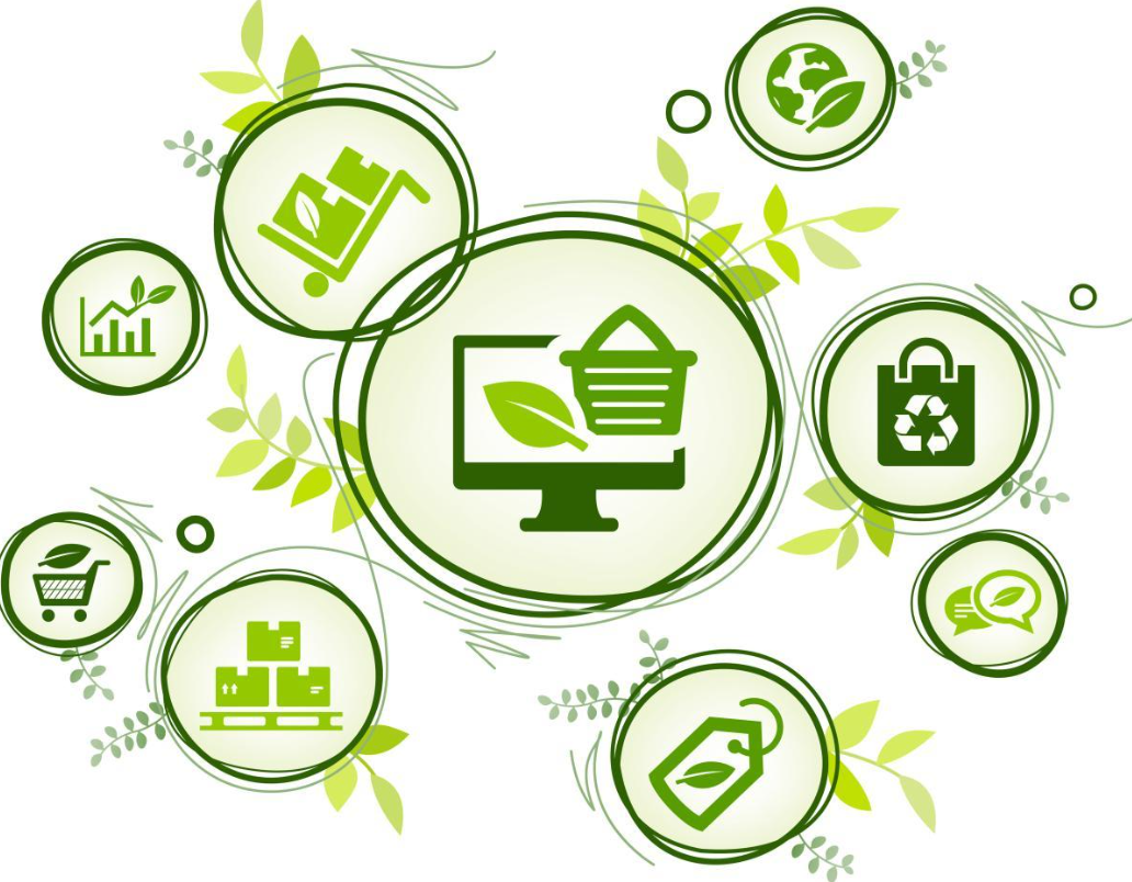 Grüne Kreis‑Icons: zentraler Monitor mit Einkaufskorb und Blatt, umgeben von Symbolen für nachhaltiges E‑Commerce.